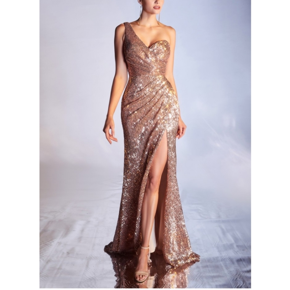 One Shoulder Rose Gold Sequin Gown CH182